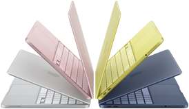 MacBook Neo Laptops in den Farben Silber, Rosa, Zitrus und Indigo, halb geöffnet und in einem Halbkreis angeordnet